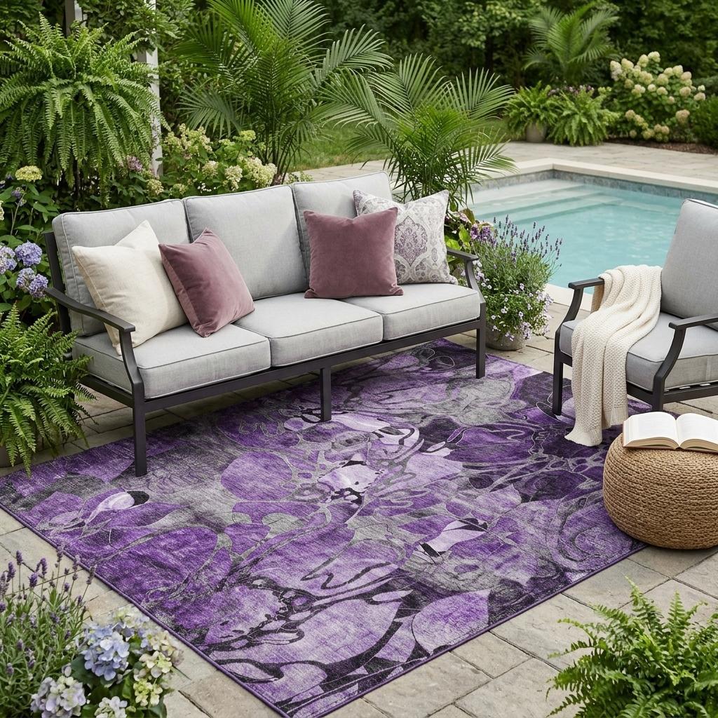 5' X 8' Purple Abstract Washable Indoor Outdoor Area Rug