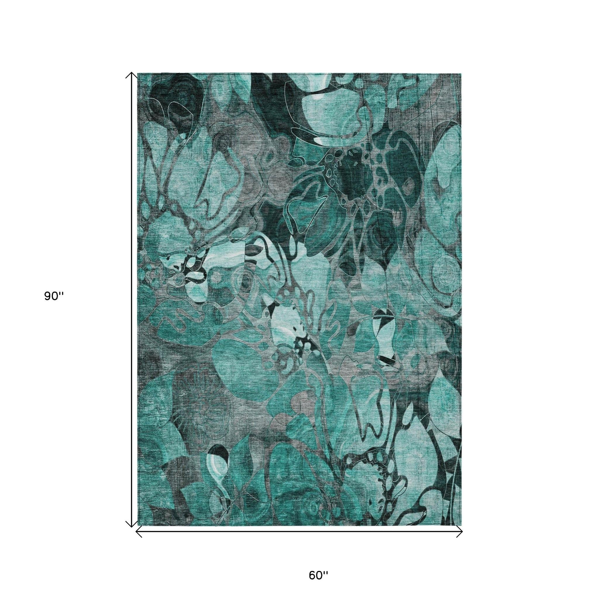 5' X 8' Teal Black and Gray Abstract Washable Indoor Outdoor Area Rug