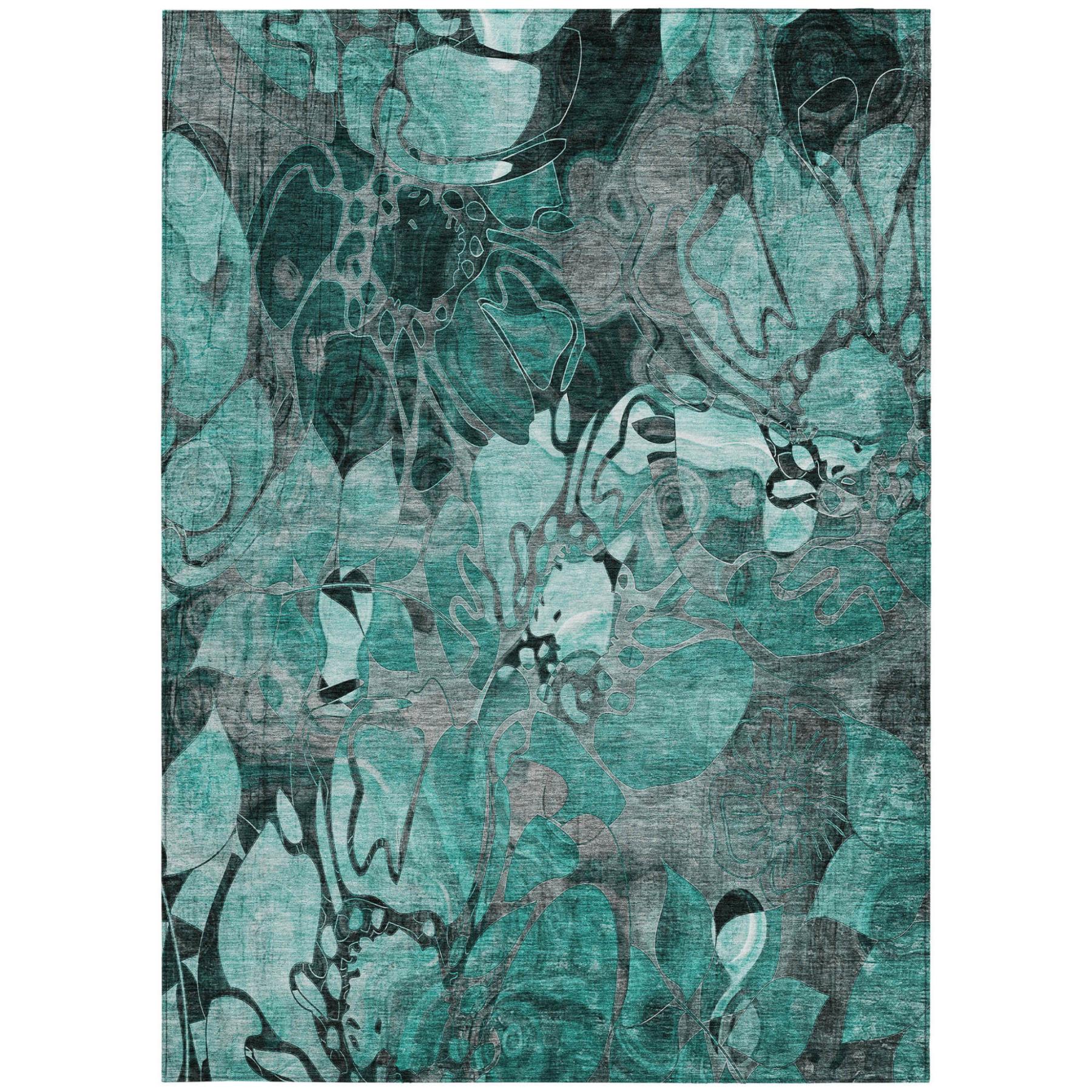 10' X 14' Teal Black and Gray Floral Washable Non Skid Indoor Outdoor Area Rug