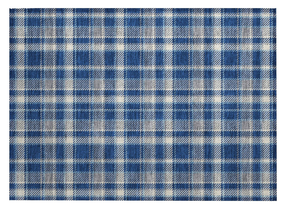 2' X 3' Navy and Ivory Plaid Washable Non Skid Indoor Outdoor Area Rug