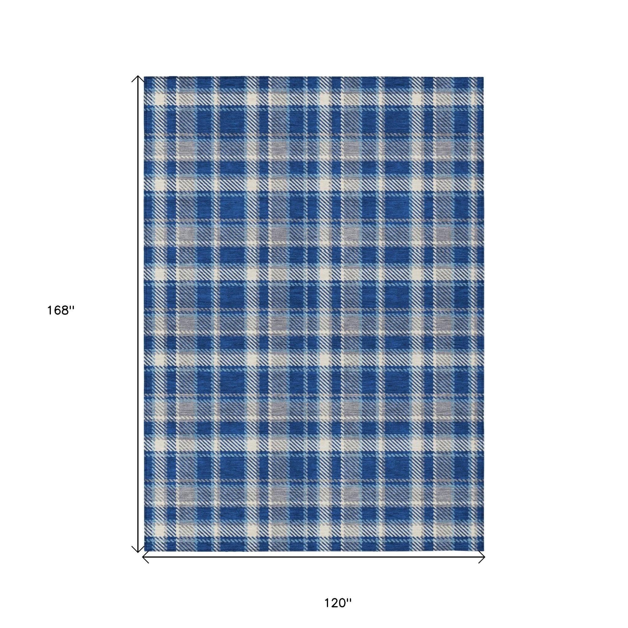 10' X 14' Navy and Ivory Plaid Washable Non Skid Indoor Outdoor Area Rug