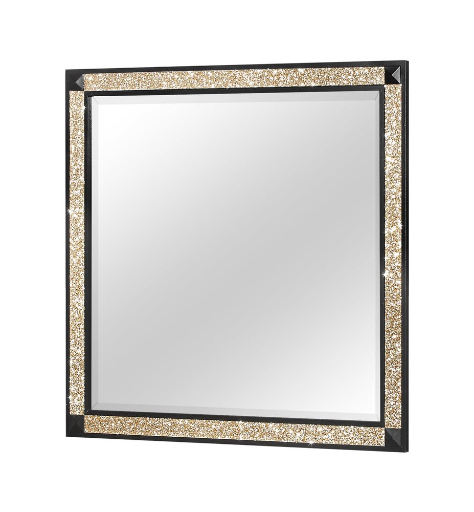36" Black And Gold Faux Crystal And Wood Dresser Mount Framed Mirror