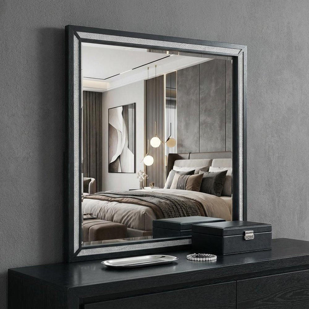 37" Black Faux Crystal And Wood Dresser Mount Framed Mirror