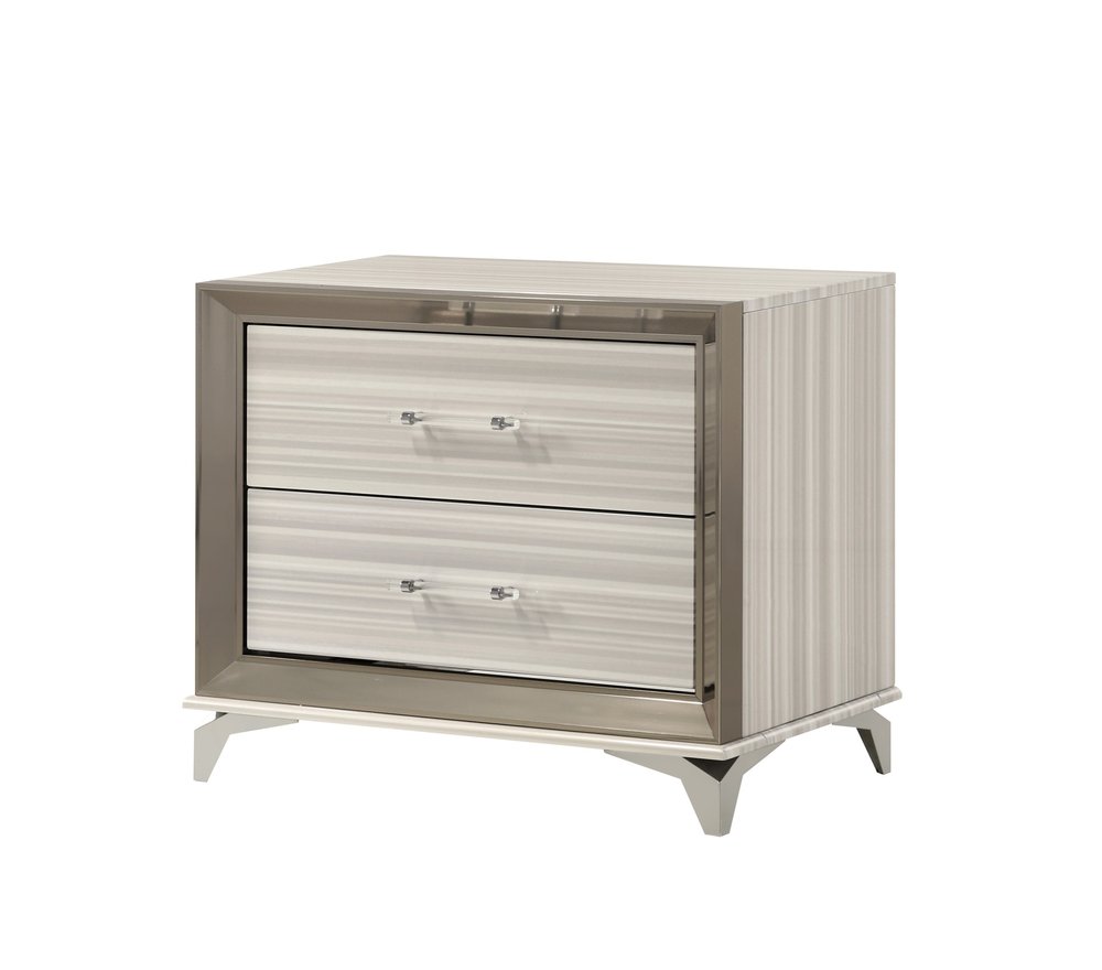 25" Silver And White Wood Lighted Two Drawer Nightstand