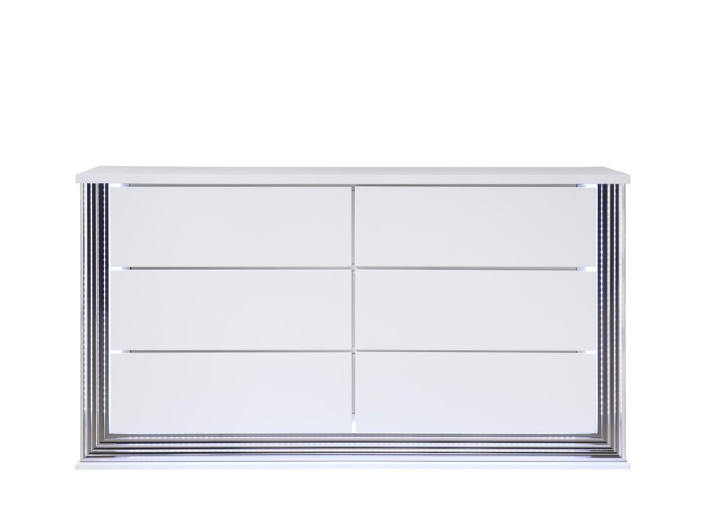 61" White Wood Lighted Six Drawer Double Dresser
