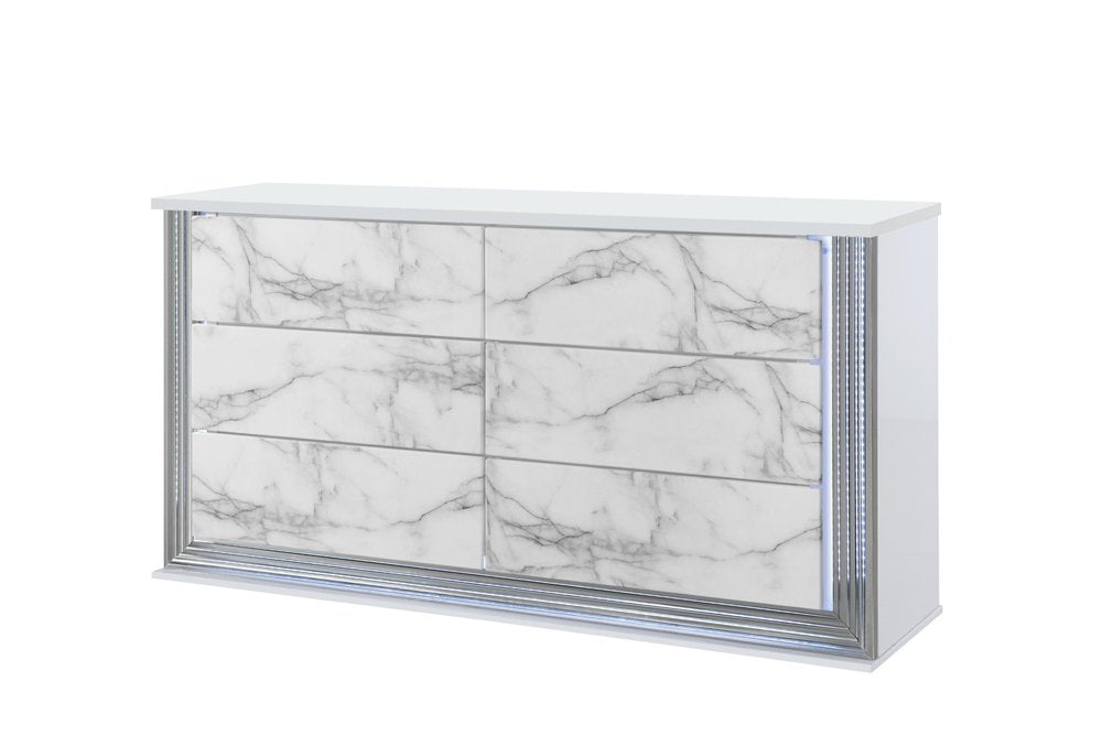 61" White Faux Marble And Wood Lighted Six Drawer Double Dresser