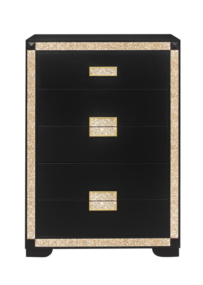 48" Black And Gold Faux Crystal Bling Wood Six Drawer Dresser