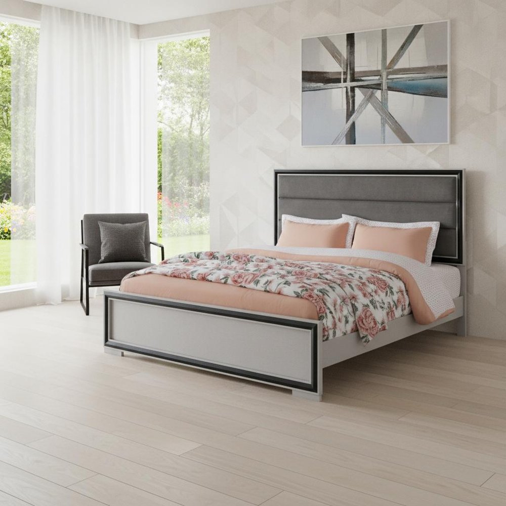 Gray Ribbed Texture Wood And Upholstery Full Bed Frame