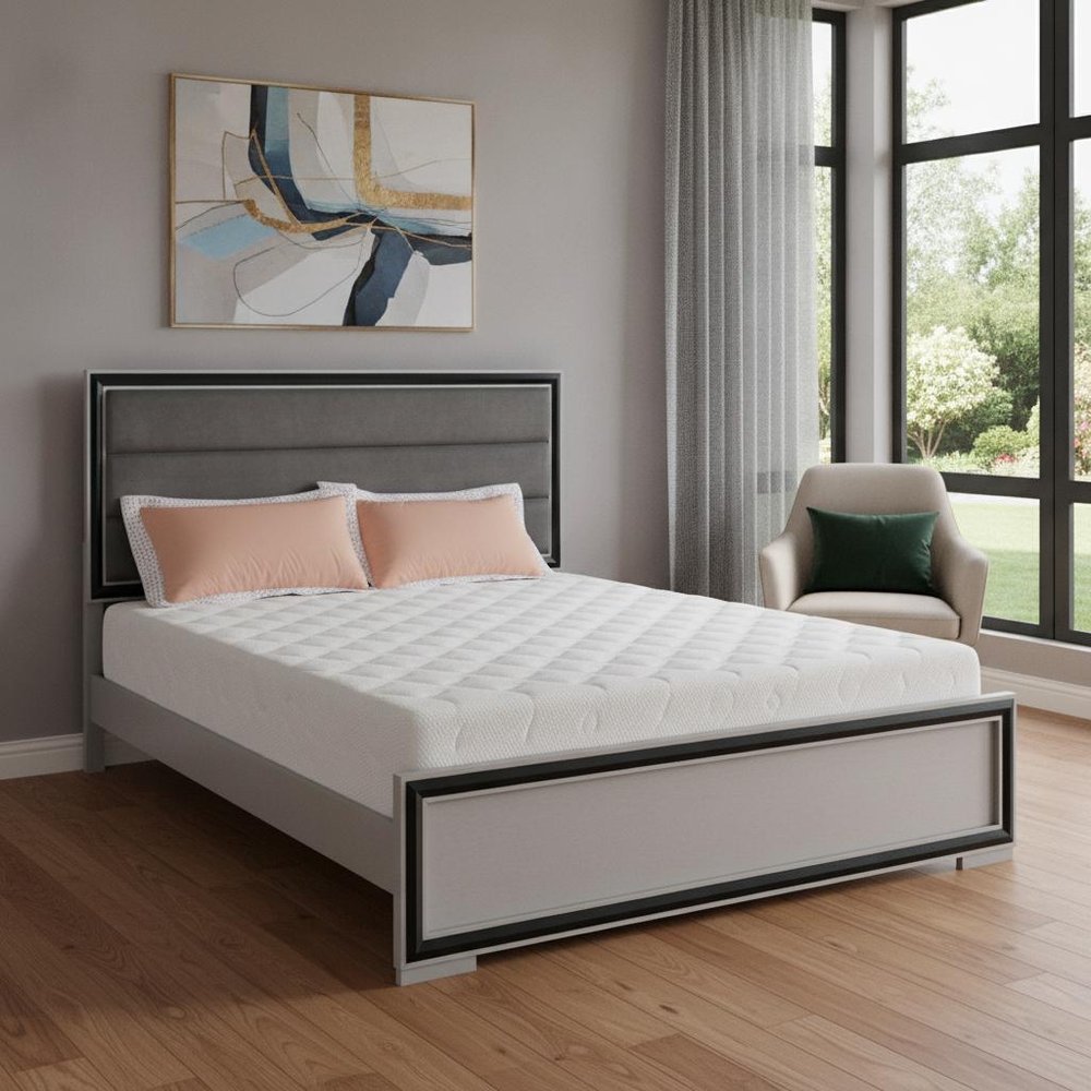 Gray Ribbed Texture Wood And Upholstery King Bed Frame
