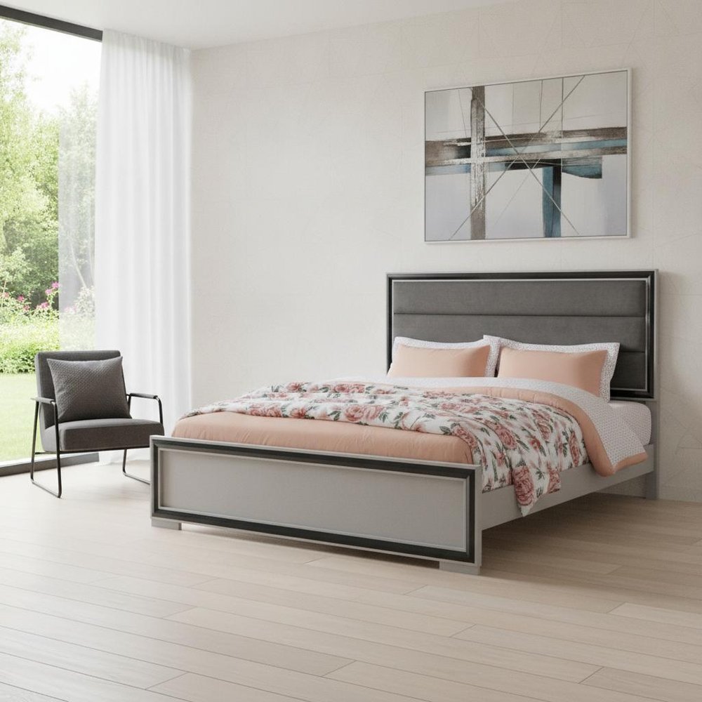 Gray Ribbed Texture Wood And Upholstery Queen Bed Frame
