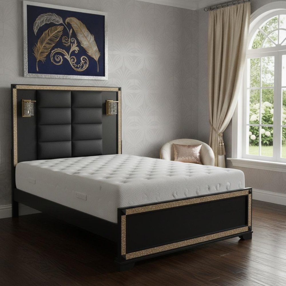 Black Faux Crystal Bling Wood And Upholstery Lighted Queen Bed Frame