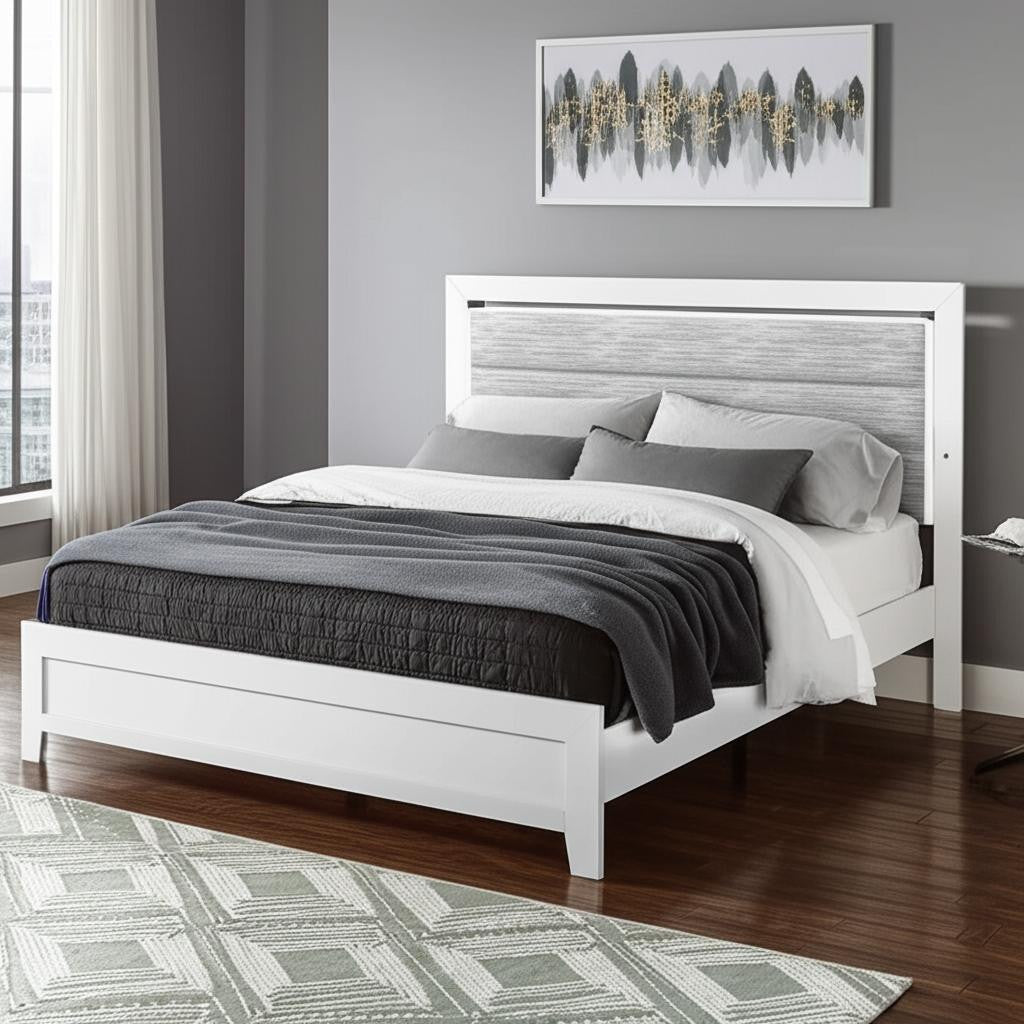 White And Gray Wood And Upholstery Lighted Twin Bed Frame
