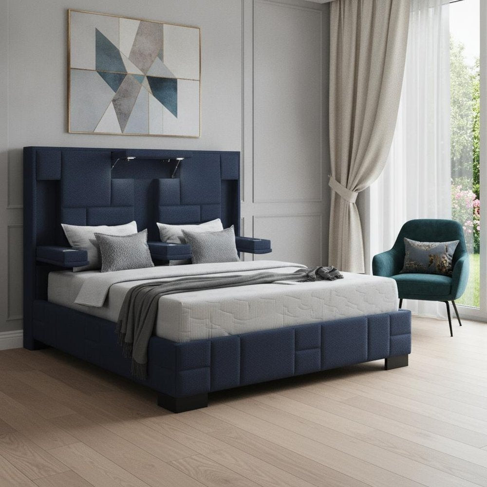 Navy Blue And Upholstered Lighted Queen Bed Frame with USB