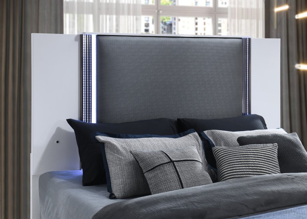 White and Gray Wood And Faux Leather Lighted King Bed Frame
