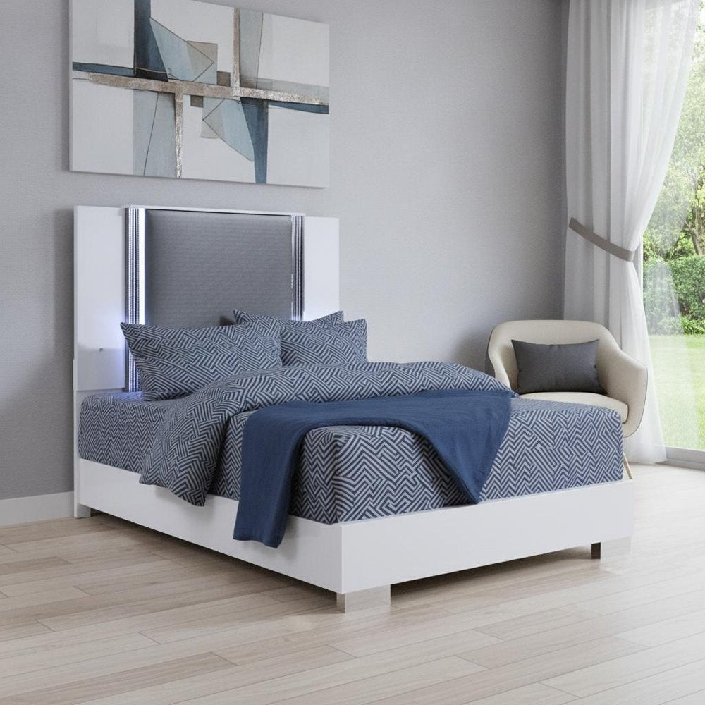 White and Gray Wood And Faux Leather Lighted King Bed Frame