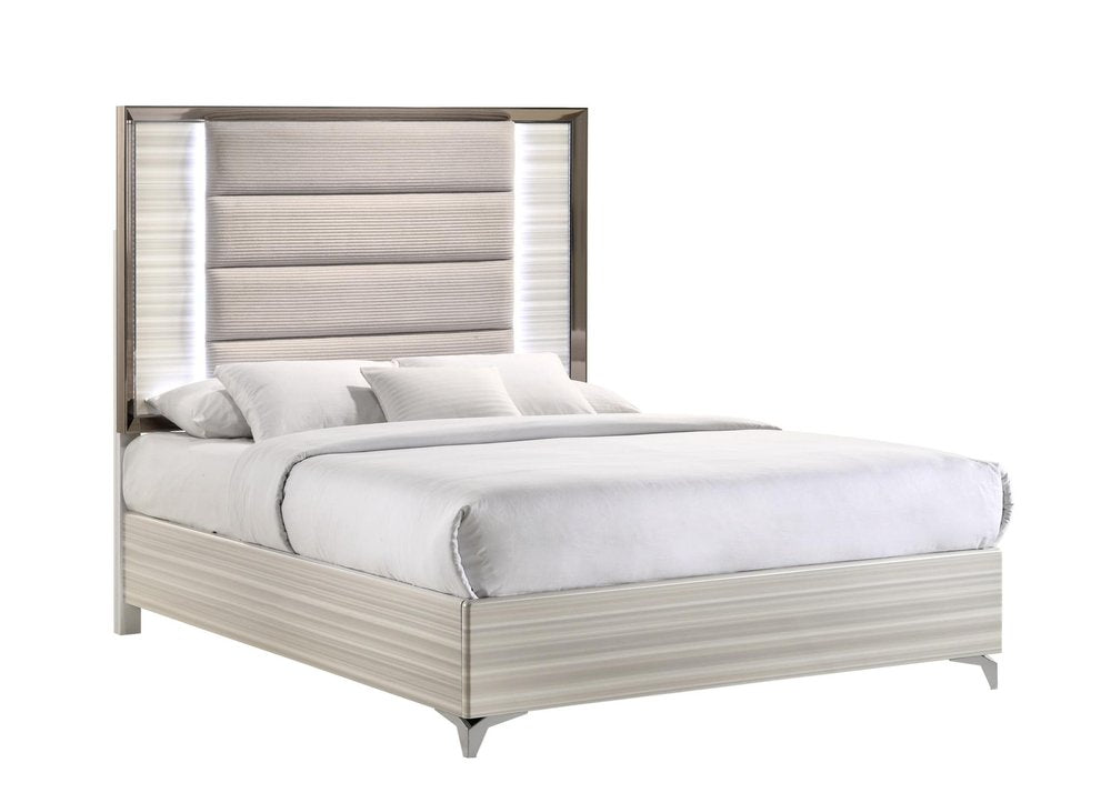 Beige White And Chrome Wood Upholstered Lighted Queen Bed Frame