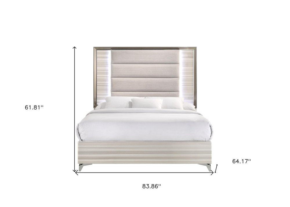 Beige White And Chrome Wood Upholstered Lighted Queen Bed Frame