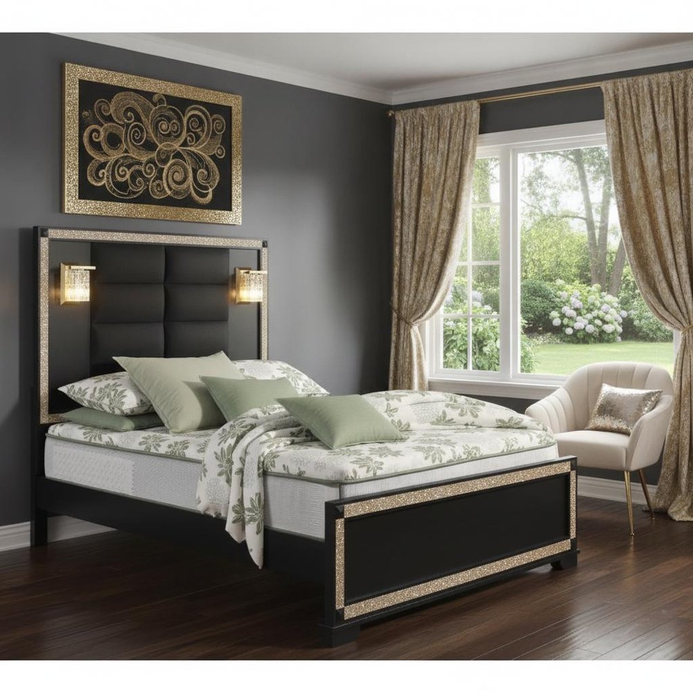 Black And Gold Faux Crystal Bling Wood And Upholstery Lighted Full Bed Frame