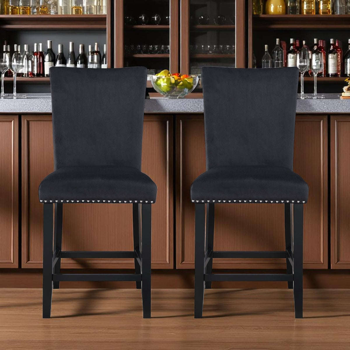 Set of Two 25" Black Velvet And Wood Counter Height Bar Chairs
