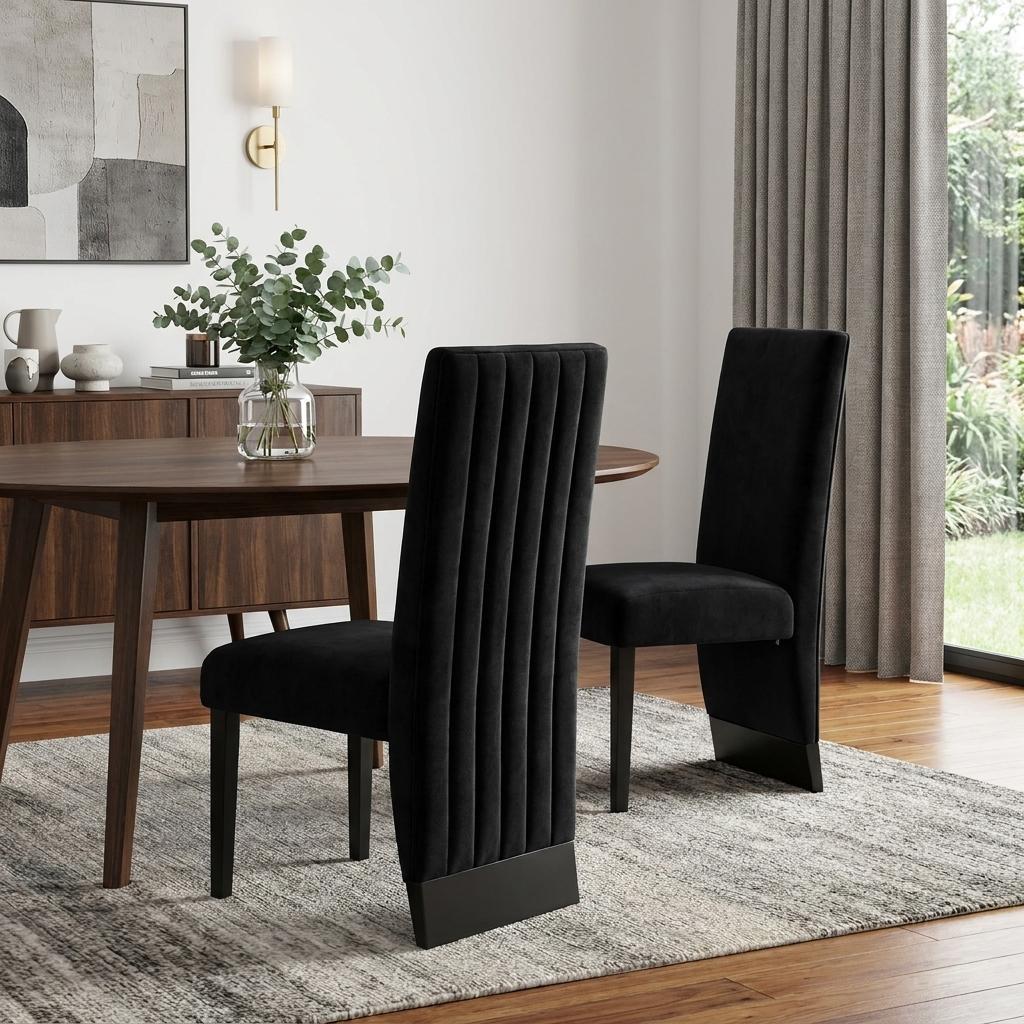 Set of Two Black Upholstered Velvet Dining Side Chairs