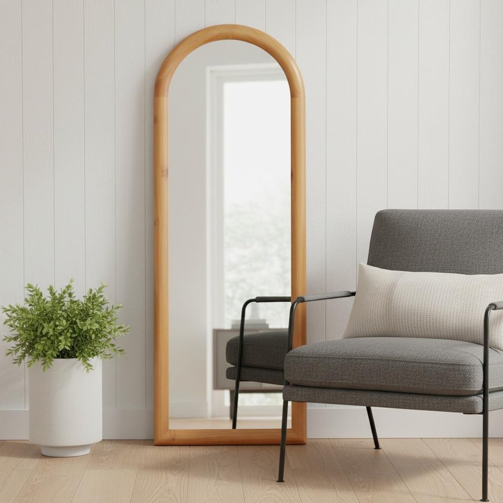66" Natural Solid Wood Arch Framed Full Length Mirror
