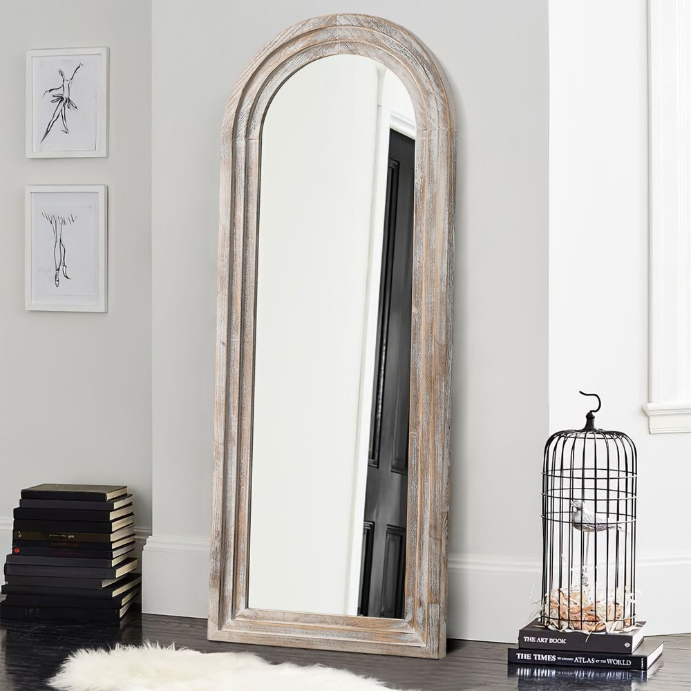 64" White Solid Wood Arch Freestanding Framed Full Length Mirror
