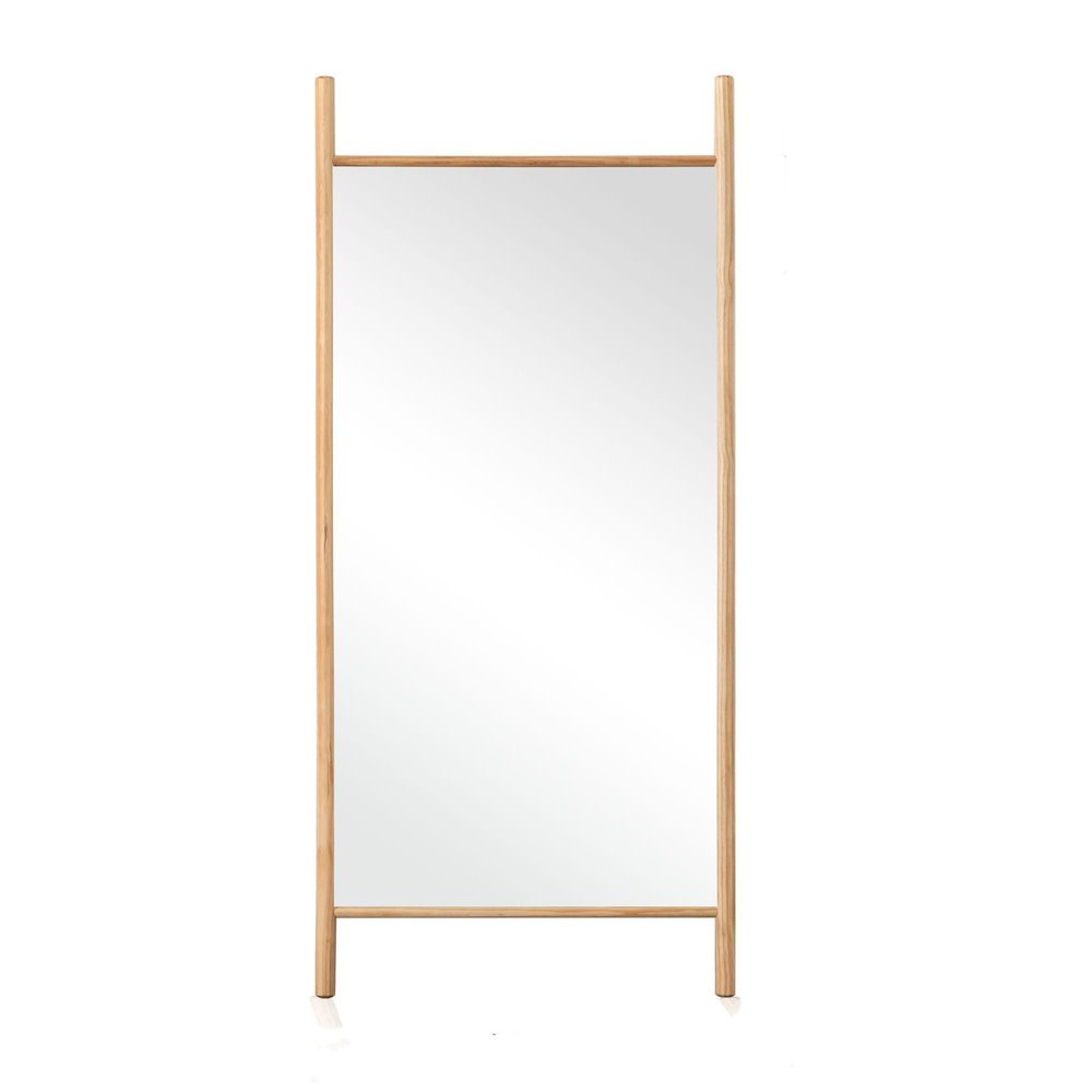 64" Natural Solid Wood Ladder Leaning Framed Full Length Mirror