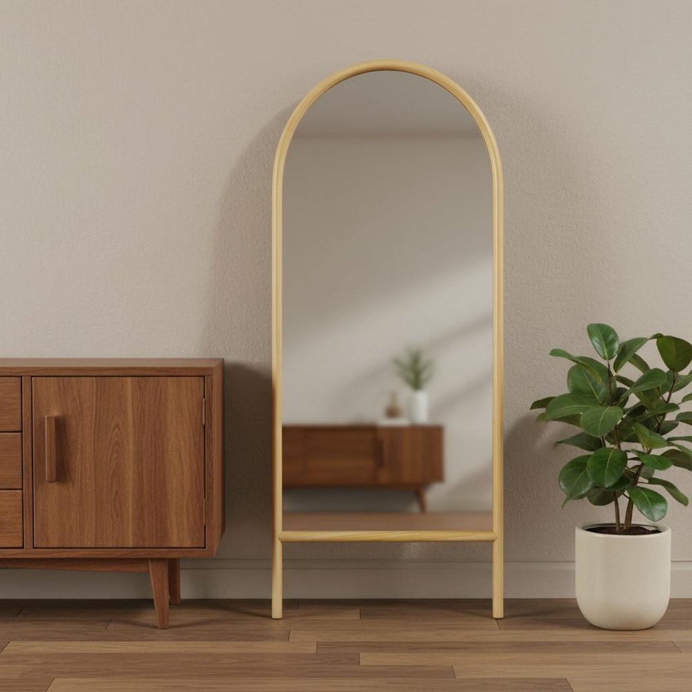 71" Natural Solid Wood Arch Freestanding Framed Full Length Mirror