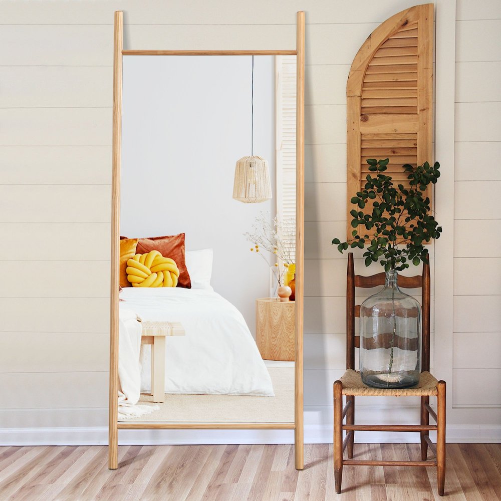 71" Natural Solid Wood Novelty Leaning Framed Full Length Mirror
