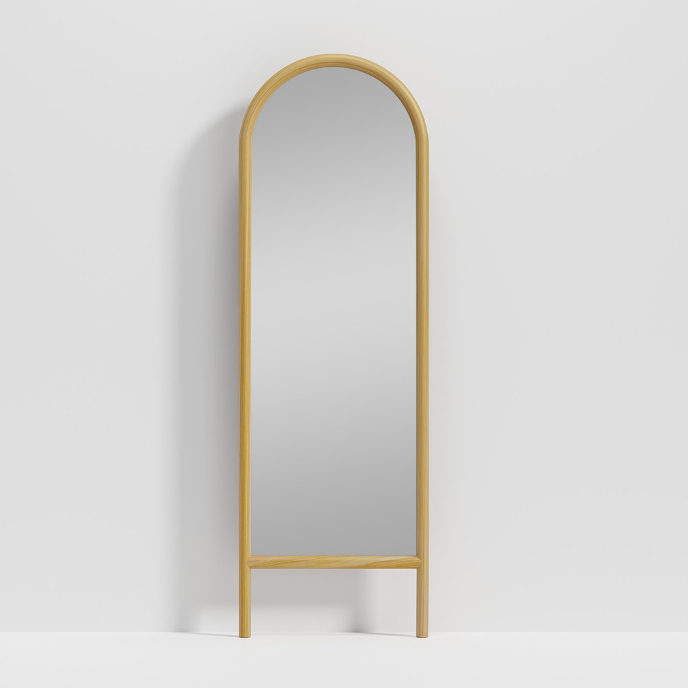 64" Natural Solid Wood Arch Leaning Framed Full Length Mirror