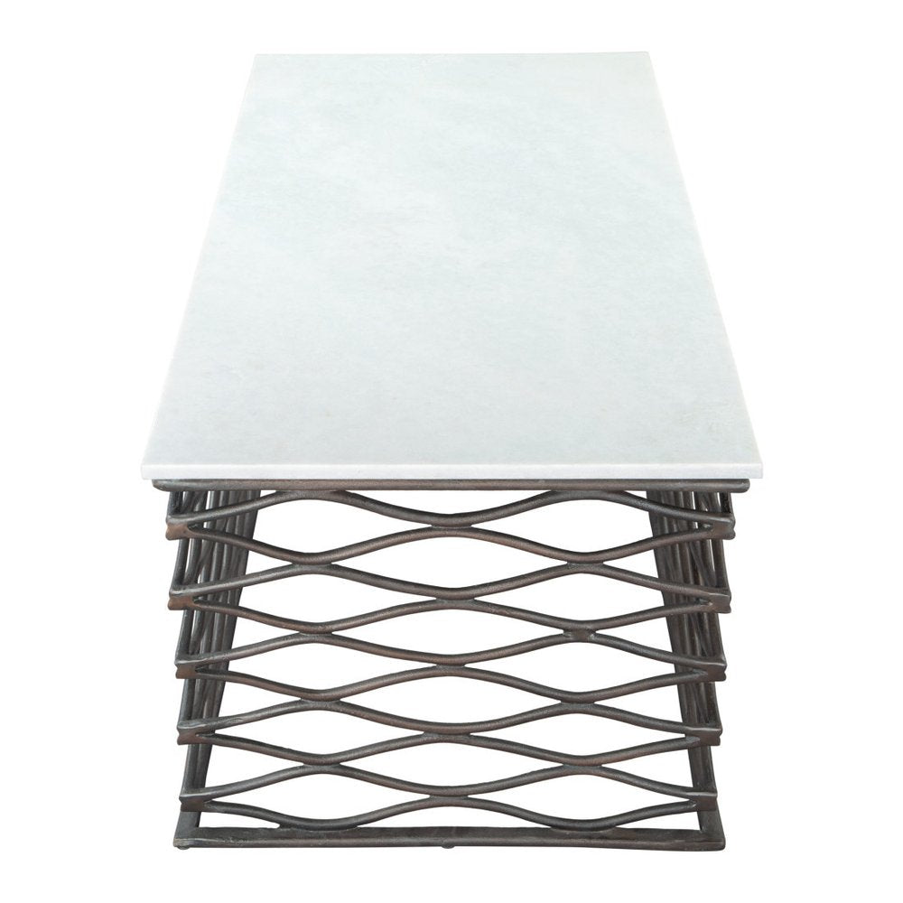 50" White and Antiqued Bronze Genuine Marble and Aluminum Abstract Coffee Table