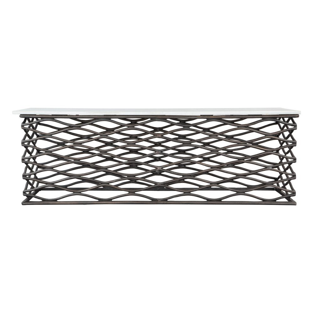 50" White and Antiqued Bronze Genuine Marble and Aluminum Abstract Coffee Table
