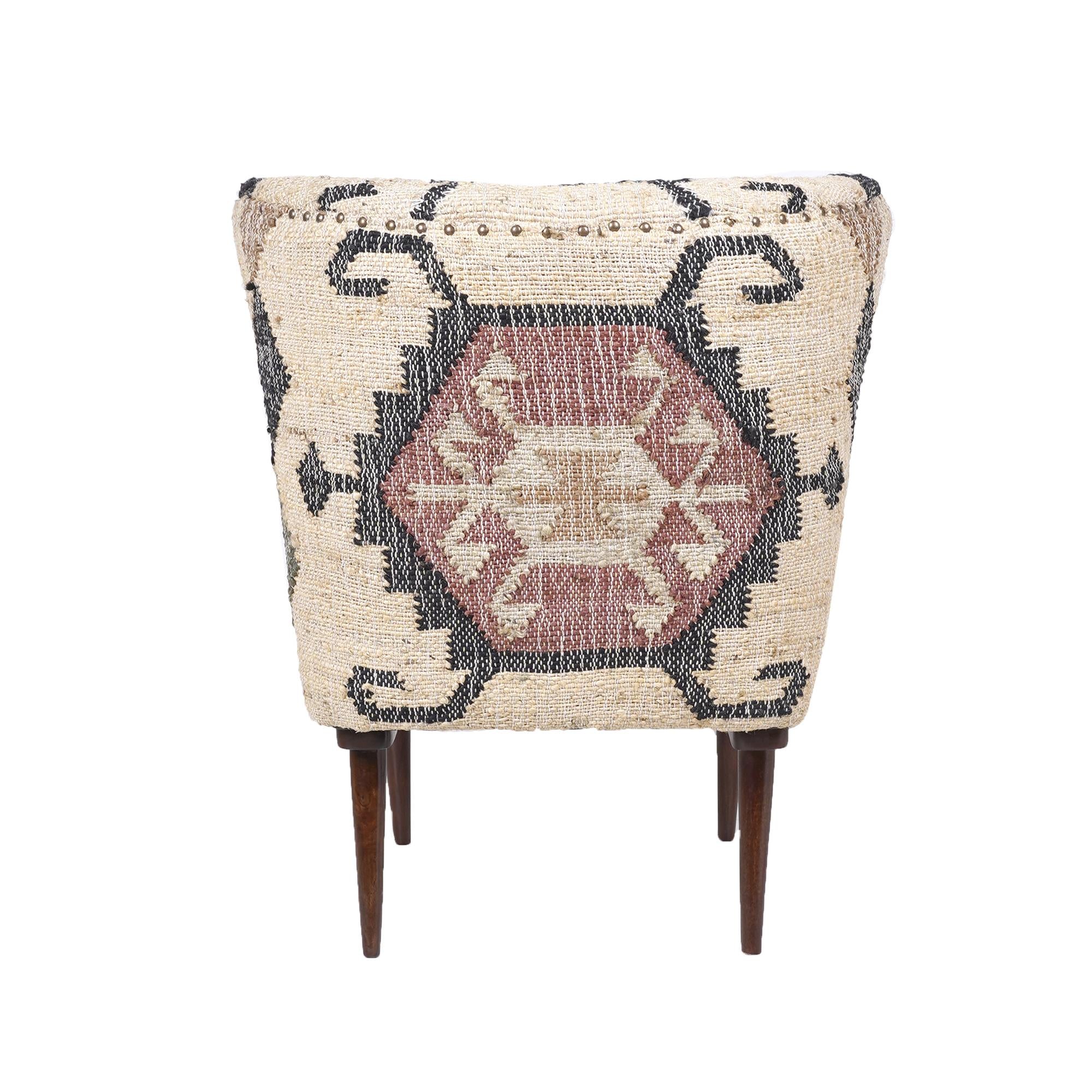 26" Beige Blue and Red Jute Southwestern Wingback Chair