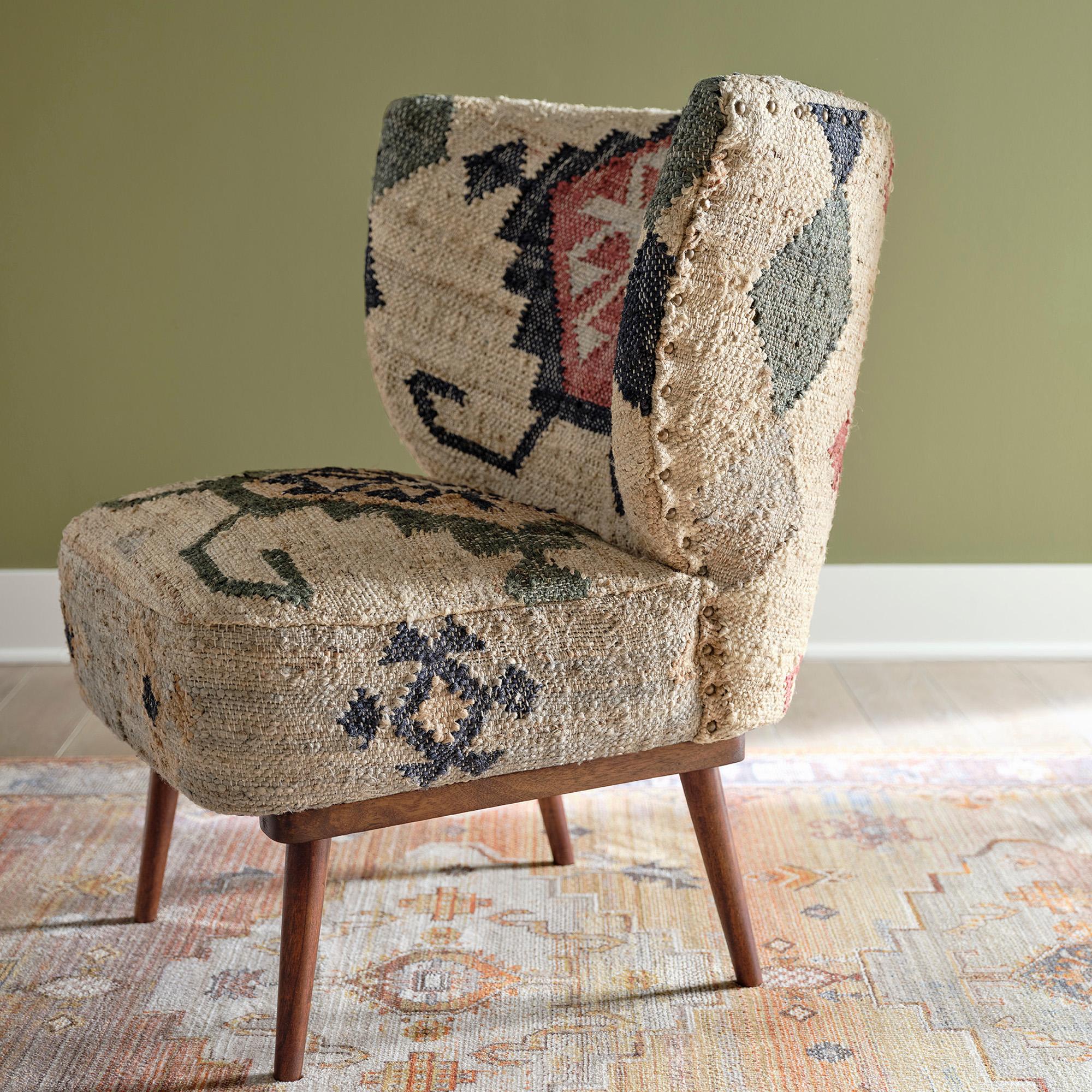 26" Beige Blue and Red Jute Southwestern Wingback Chair