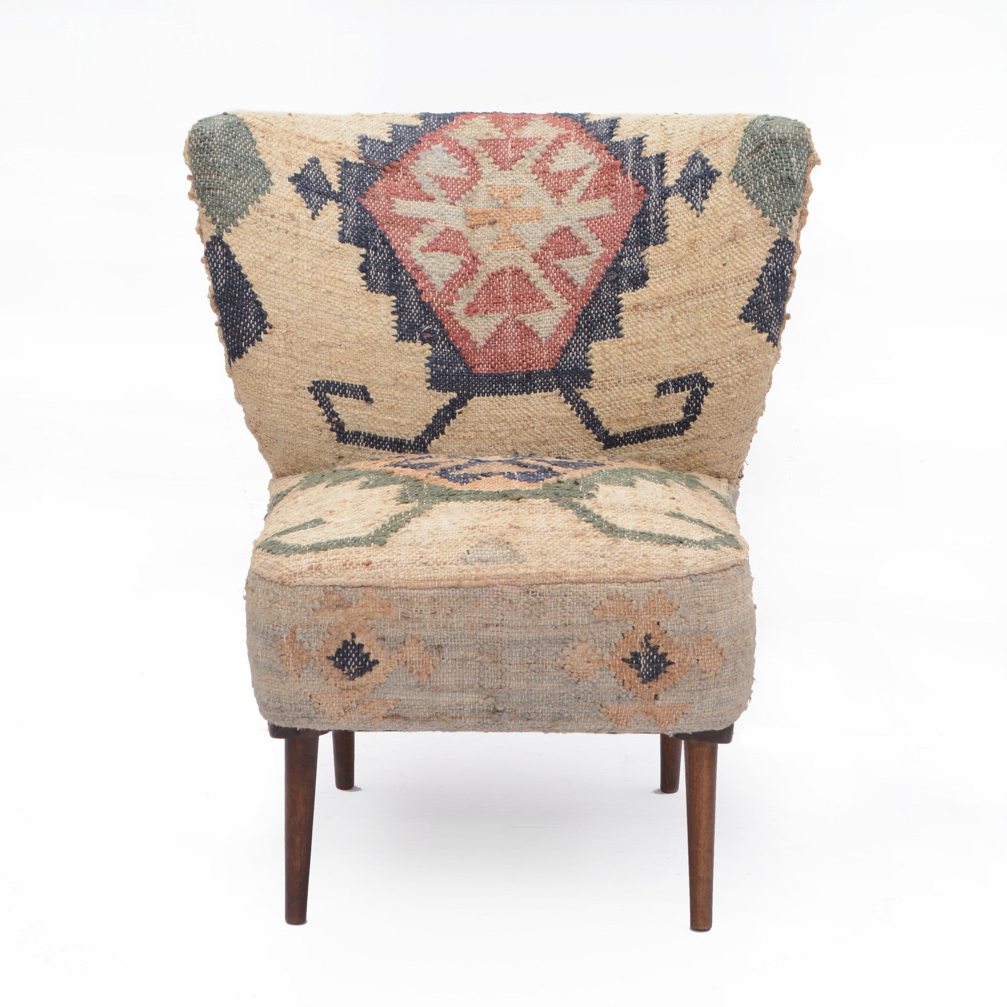 26" Beige Blue and Red Jute Southwestern Wingback Chair