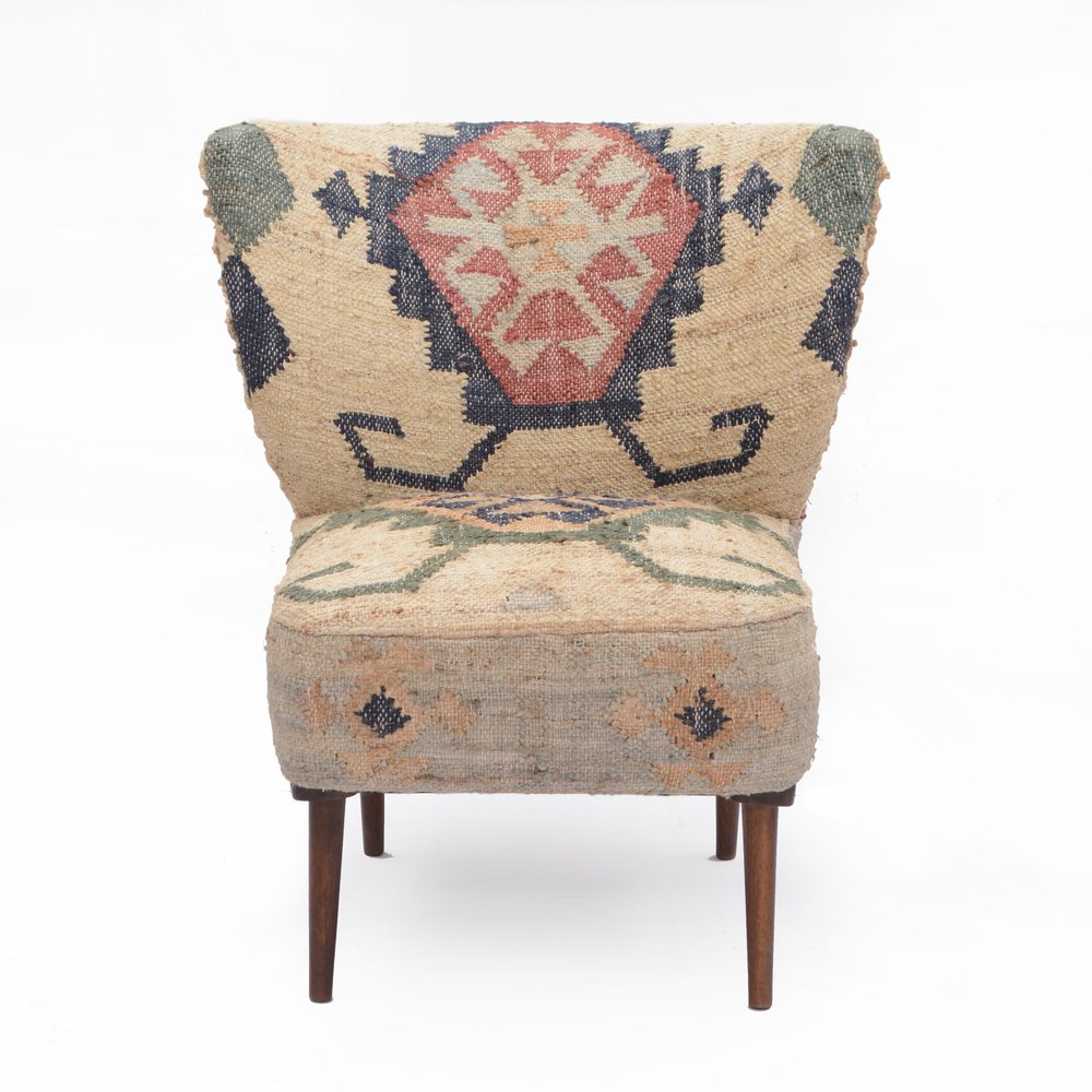 26" Beige Blue and Red Jute Southwestern Wingback Chair