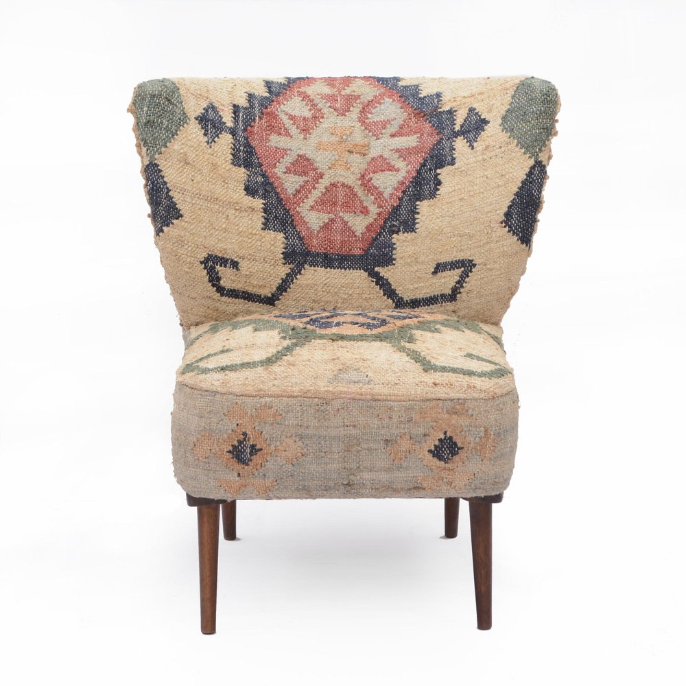 26" Beige Blue and Red Jute Southwestern Wingback Chair