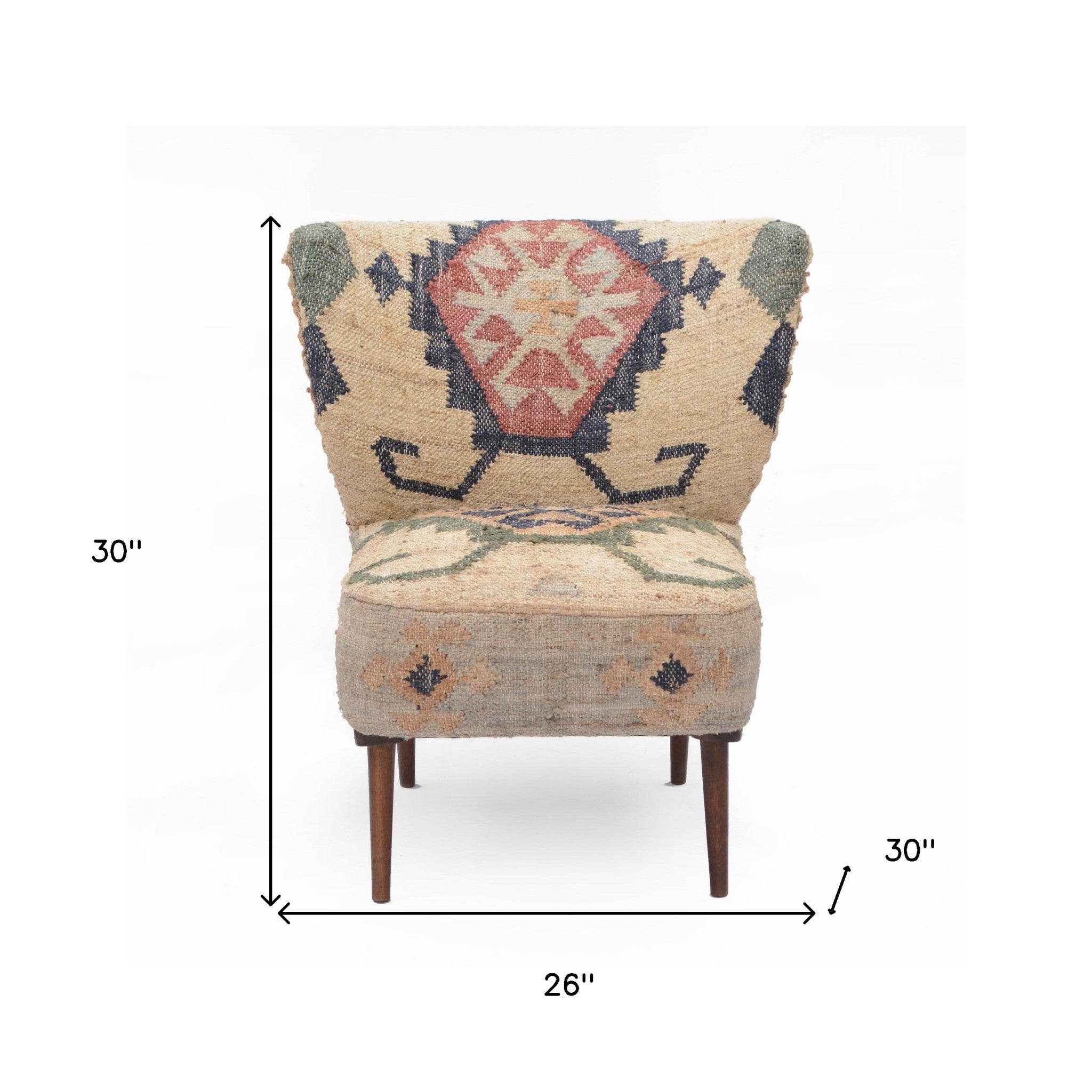 26" Beige Blue and Red Jute Southwestern Wingback Chair