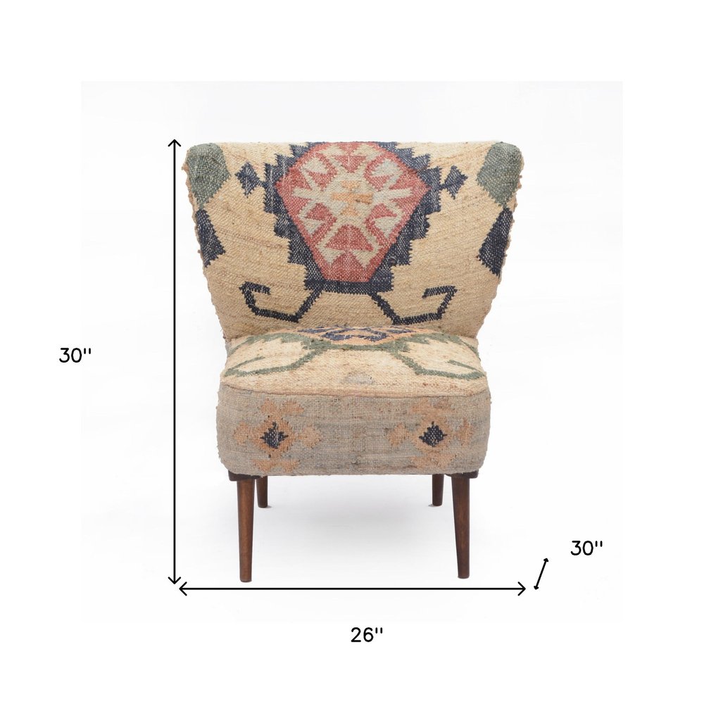 26" Beige Blue and Red Jute Southwestern Wingback Chair