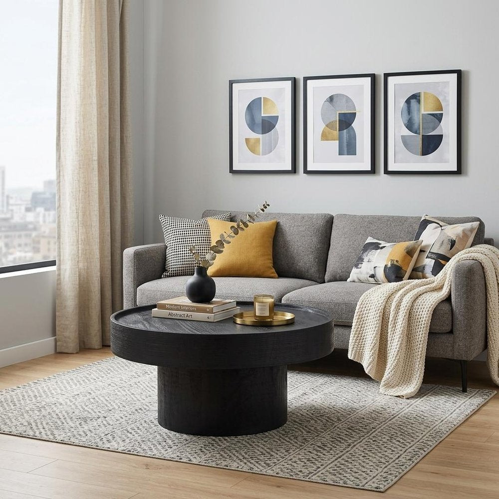 28" Black Solid Wood Round Pedestal Coffee Table