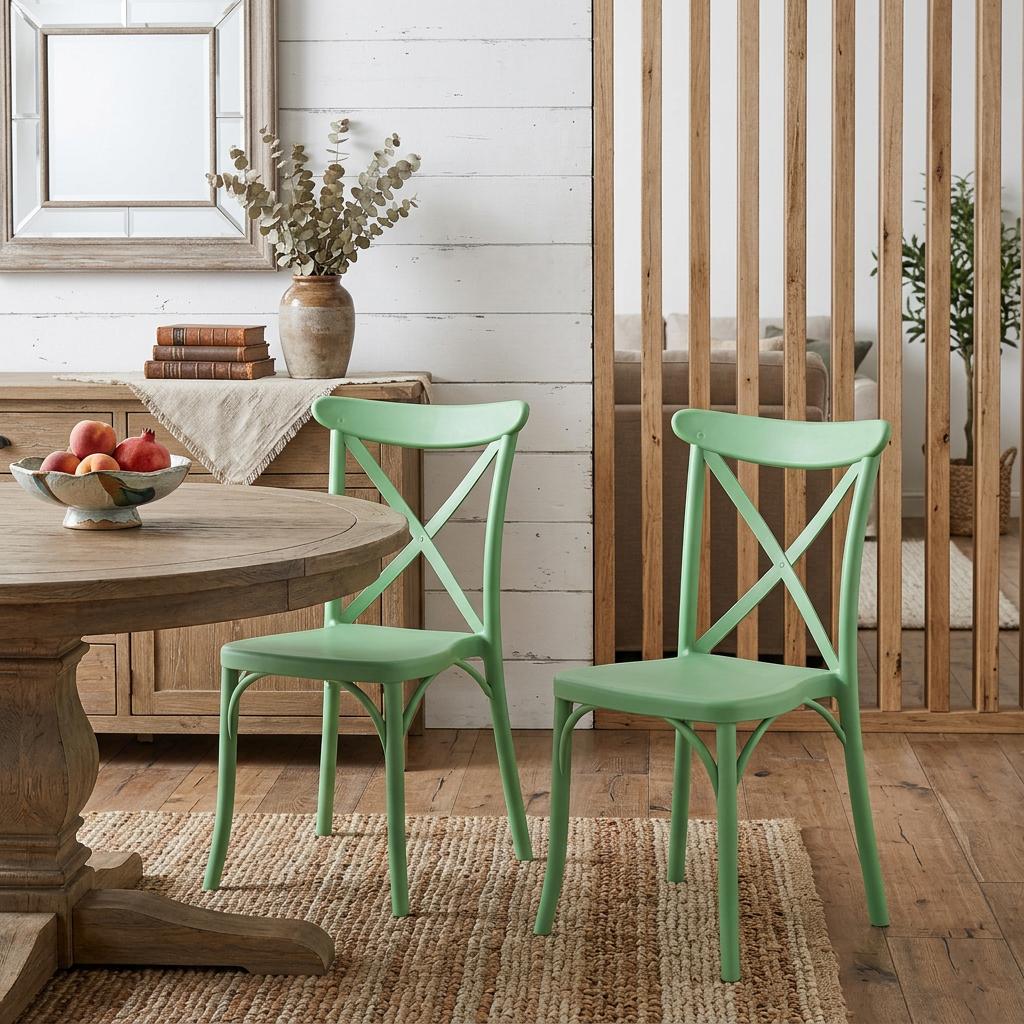 Set of Two Green Heavy Duty Plastic Outdoor Stacking Dining Chairs