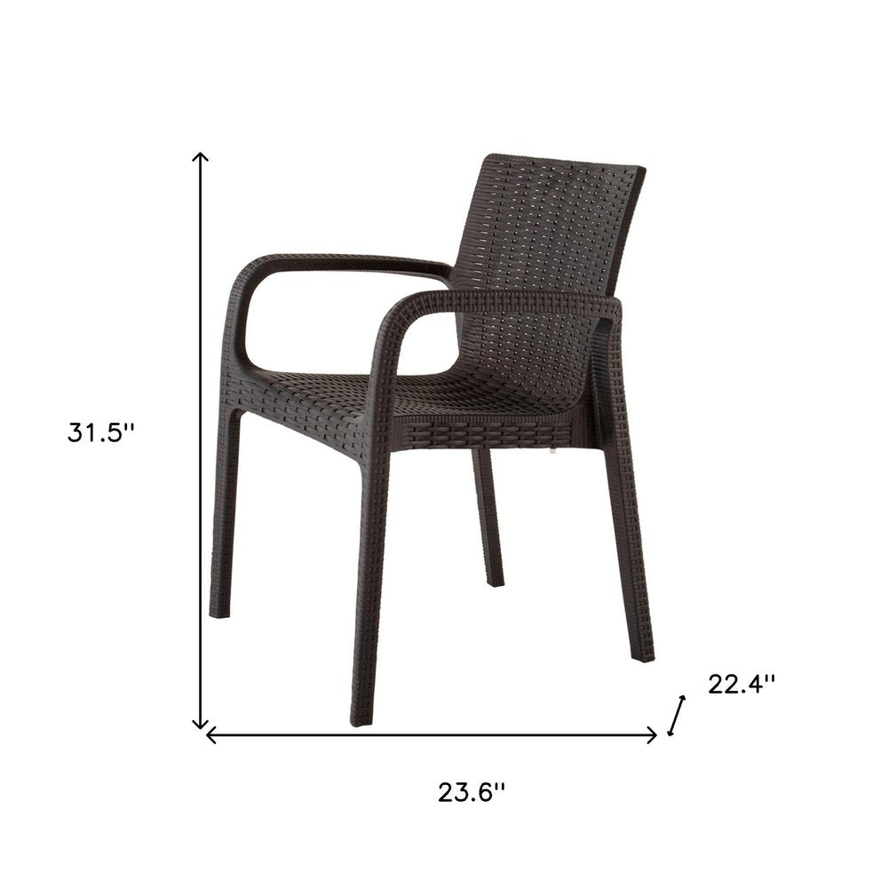 Set of Two Brown Faux Rattan Heavy Duty Plastic Outdoor Stacking Arm Chairs