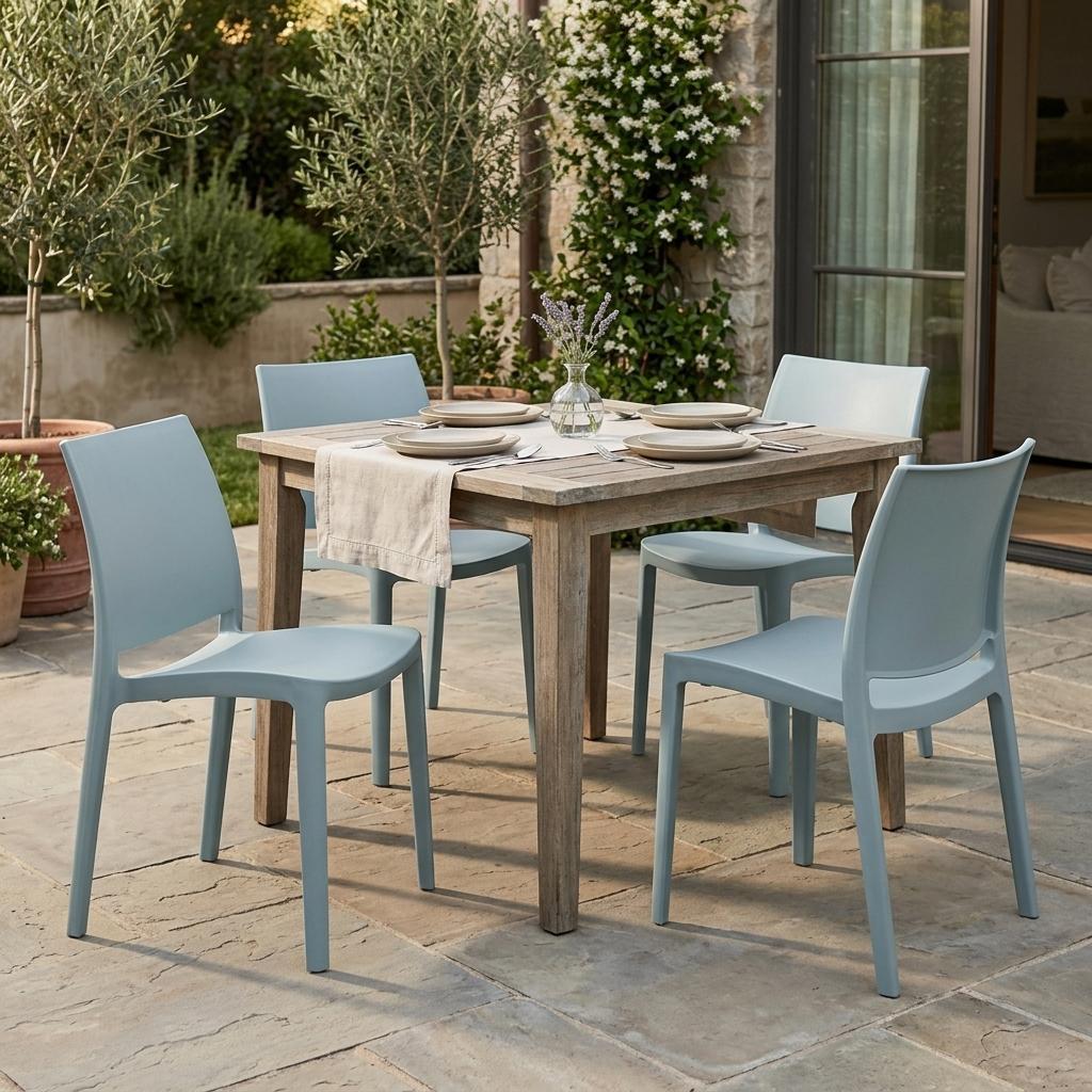 Set of Four Baby Blue Heavy Duty Plastic Outdoor Stacking Dining Chairs
