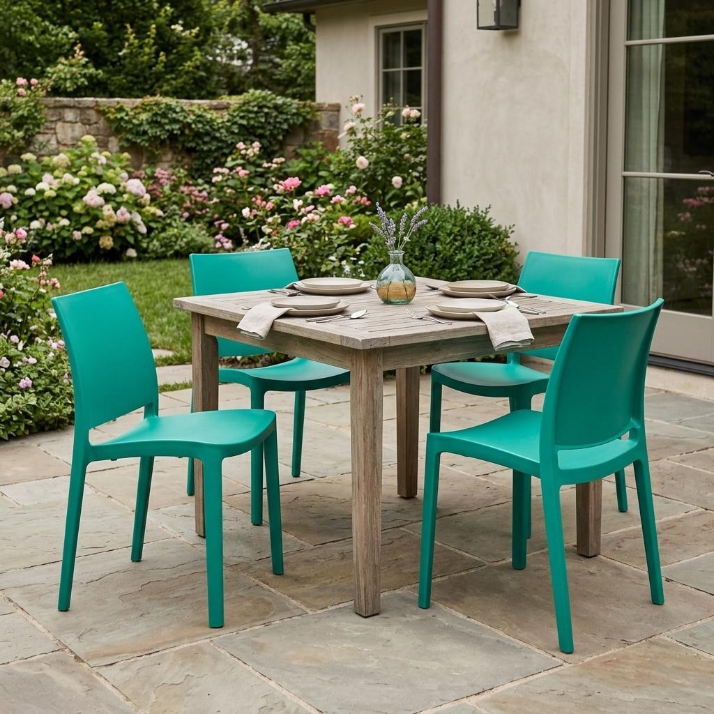 Set of Four Turquoise Heavy Duty Plastic Outdoor Stacking Dining Chairs