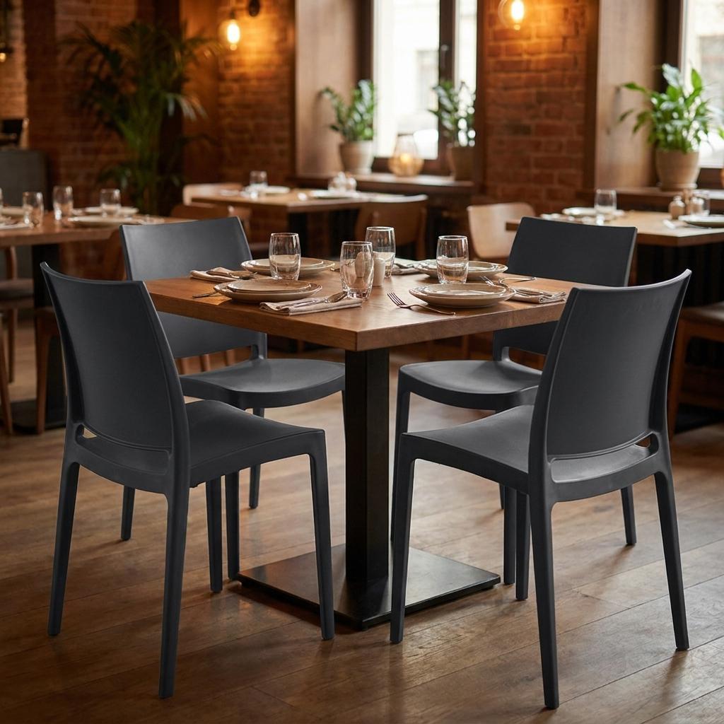 Set of Four Dark Gray Heavy Duty Plastic Outdoor Stacking Dining Chairs