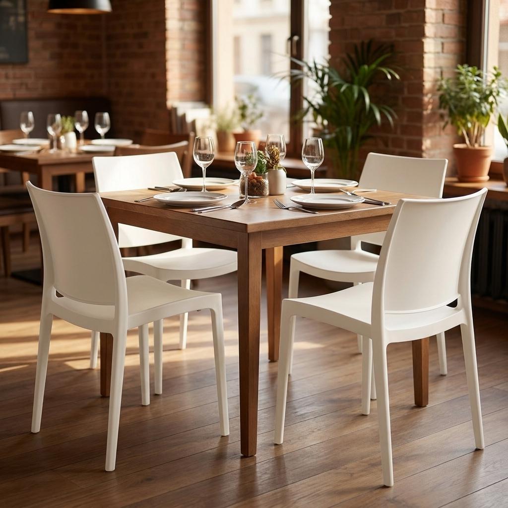 Set of Four White Heavy Duty Plastic Outdoor Stacking Dining Chairs