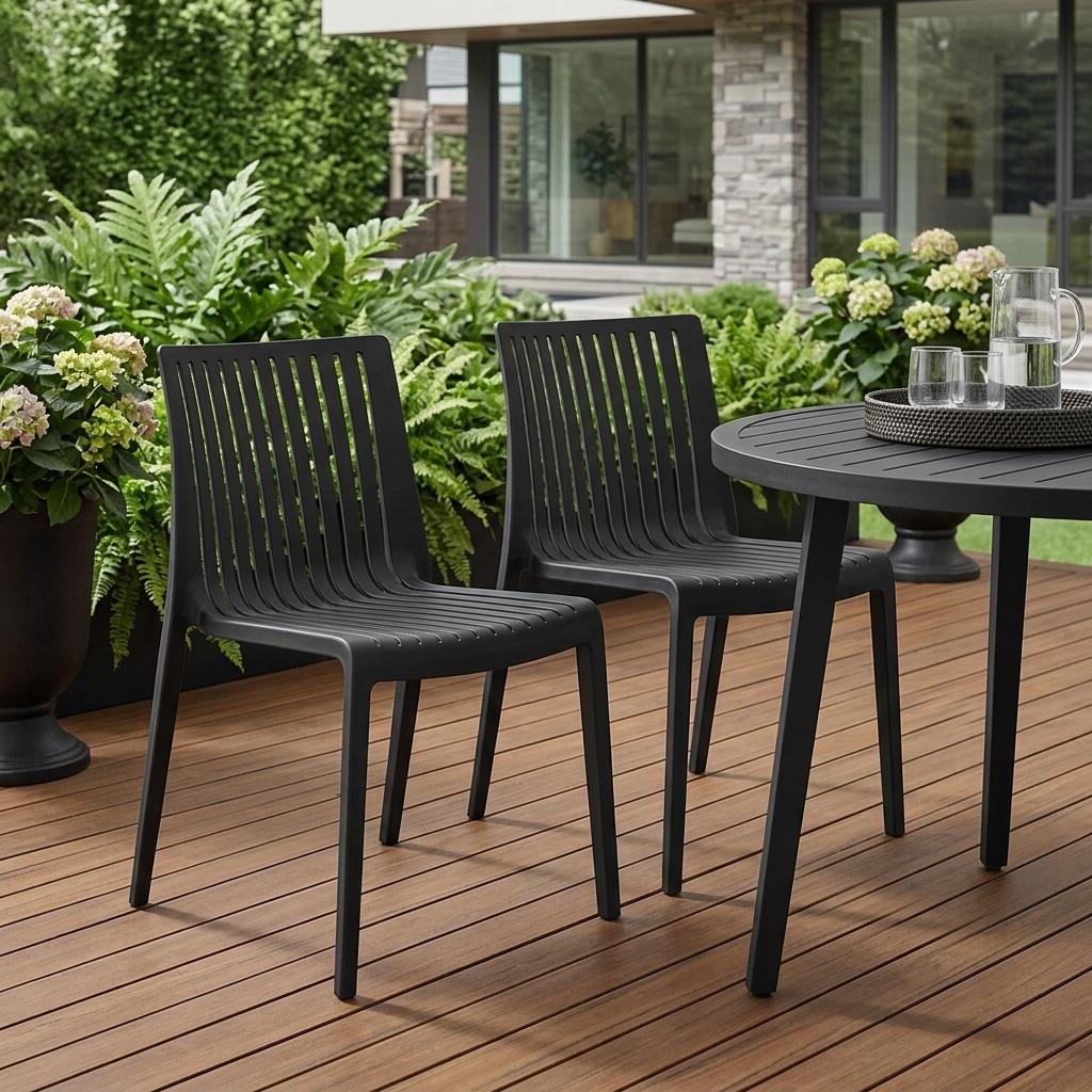 Set of Two Black Heavy Duty Plastic Outdoor Stacking Accent Chairs