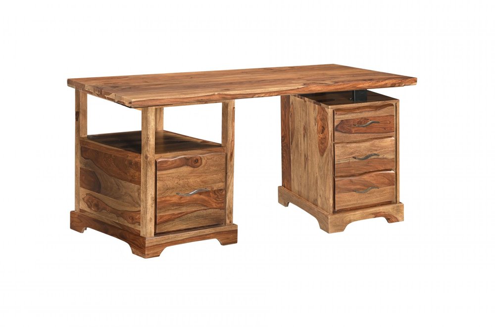 68" Brown Live Edge Solid Wood Writing Desk With Four Drawers