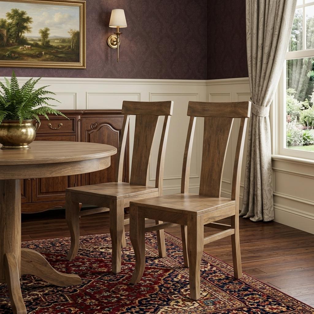 Set of Two Brown Solid Wood Slat Back Dining Side Chairs
