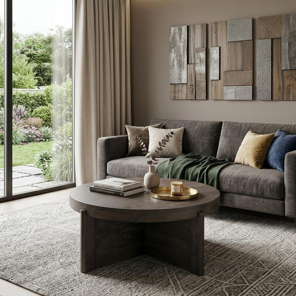 36" Brown Solid Wood Round Cross Legs Coffee Table